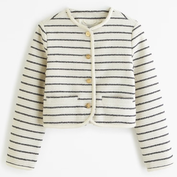 Abercrombie & Fitch - Collarless Tweed Jacket in Black/Cream, XS - Picture 1 of 9